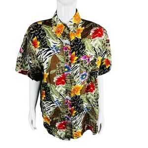 Jeri Marque‎ New YorkWomans Sz Medium Blouse Floral 100% Silk Short Sleeve